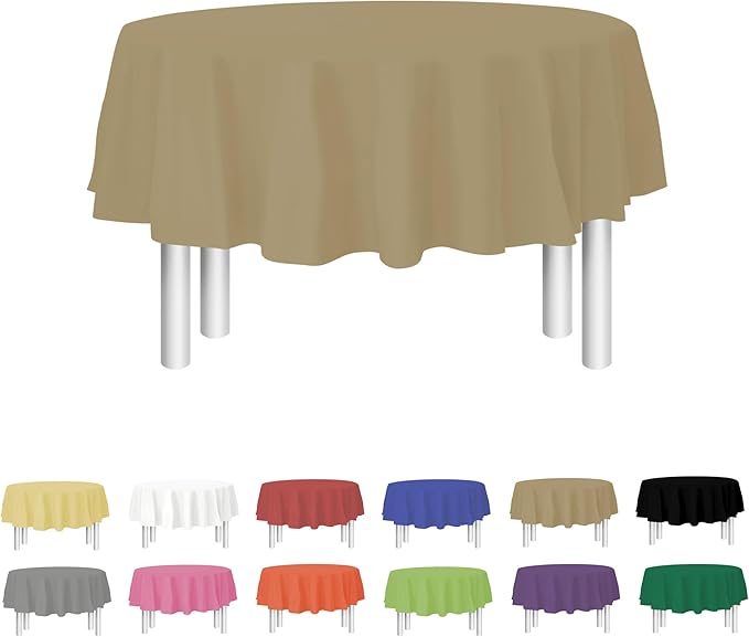 Party Dimensions Gold Disposable Plastic Tablecloth for Round Tables (12 Pack) 84 inches Table Cloths for Parties, Events & Weddings, Indoors & Outdoors, Plastic Table Cover