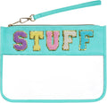 Chenille Letter Bag, Clear Flat Pouches with Zipper, Clear Makeup letter Bag, Multi-purpose Nylon Cosmetic Pouch Bags for Travel, Gym, Beach (Green-Stuff)