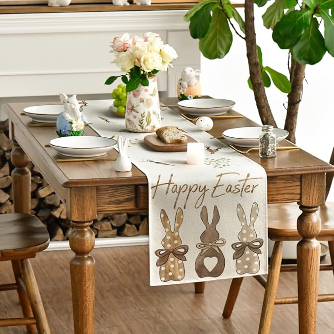 Artoid Mode Carrots Rabbit Bunny Happy Easter Table Runner, Spring Summer Seasonal Holiday Kitchen Dining Table Decoration for Indoor Outdoor Home Party Decor 13 x 120 Inch