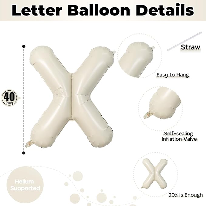 Giant Alphabet X Foil Name Balloons, Cream Ivory White Inflatable Word X Letters for Birthday Decor, 40 Inch Mylar Beige A-Z Custom Letter for Girls Baby Shower Party Decoration Supplies