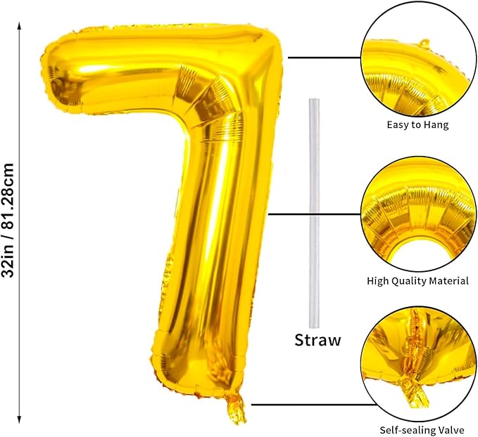 32 In Gold Large Numbers Balloons 0-9, Self Inflating Number 7 Balloons for Boys Girls, Big Gold Digit 7 Balloons for Women Men Birthday Party Anniversary Wedding Supplies Decorations