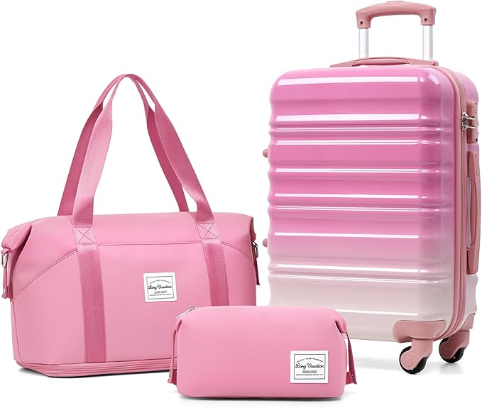 LONG VACATION Carry On Luggage Sets 3 Piece 20 Inch Suitcase Set, ABS+PC Hardshell Lightweight Travel Luggage with Spinner Wheels & YKK Zipper TSA Lock (Pink and White, 20 INCH)