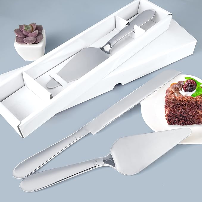 Cake Cutting Set for Wedding, Elegant Cake Knife and Server Set with Thickened Stainless Steel Rounded Edges, Cake Cutter and Pie Spatula for Birthday Anniversary, 2 Pcs, Silver
