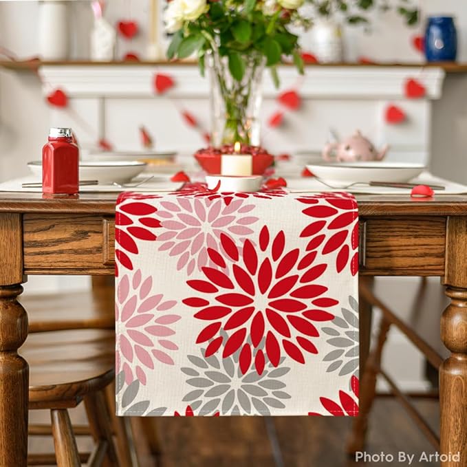 Artoid Mode Red Pink Dahlia Floral Pinnata Christmas Table Runner, Valentine Summer Kitchen Dining Table Decoration for Home Party Decor 13x36 Inch