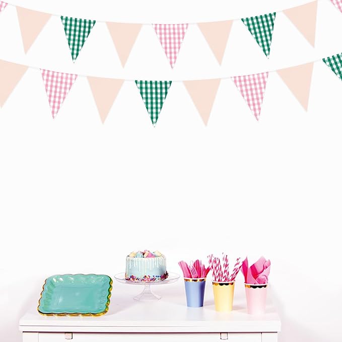 32Ft Pink Green Gingham Camp Bride Banner Green Pink Plaid Checkered Fabric Triangle Flag Pennant Garland Streamers for Camping Bachelorette Glamping Baby Shower Wedding Birthday Party Decorations