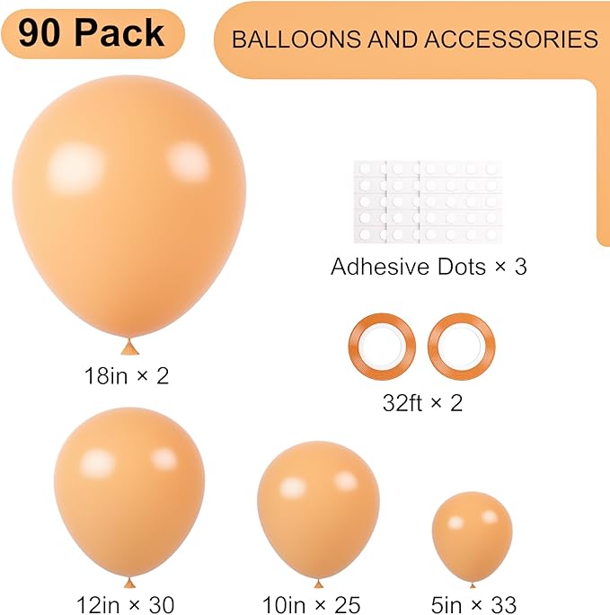 90pack Peach Balloons Different Size 18/12/10/5 Inch Peach Balloon Garland Arch Kit for Graduation, Wedding, Birthday, Princess Theme Party, Baby Shower, Anniversary Party Decorations