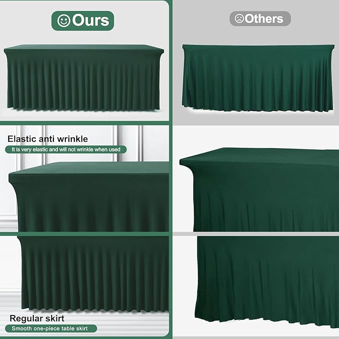 Table Skirt for 4 Foot Tables - 2 Pack One-Piece Hunter Green Tablecloths and Skirt, Wrinkle Resistant Ruffles Elastic Cover for Banquets, Weddings, Events, Parties