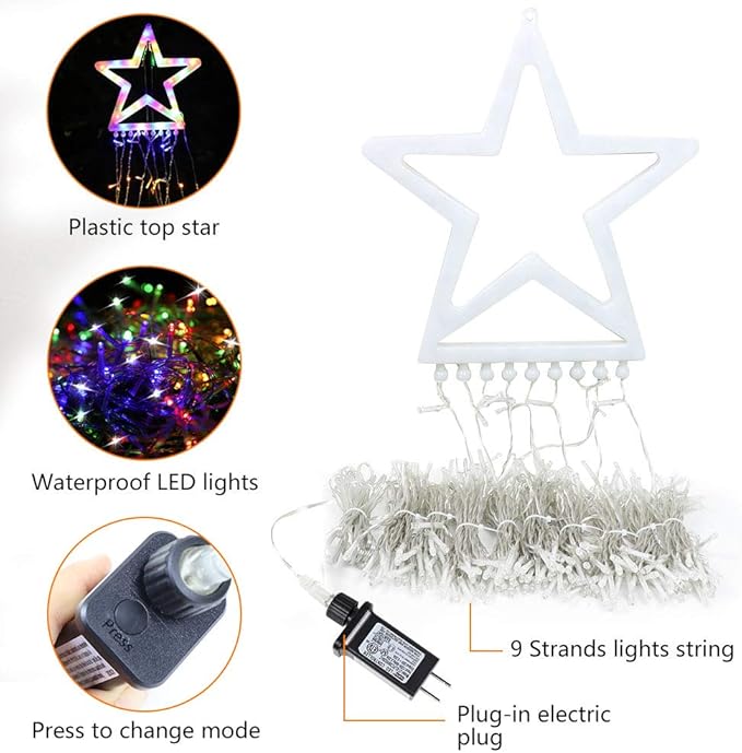 Christmas Decoration Star Lights, 320 LED 16.4Ft Outdoor Christmas Tree String Lights with Plastic Star Toppers [8 Modes& Waterproof] for Christmas New Year Holiday Birthday Decor (Multicolor)