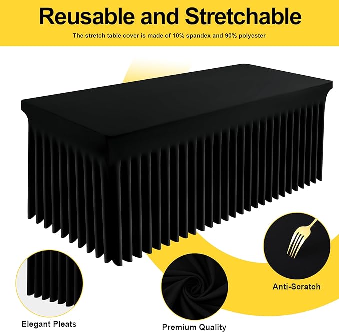 Smiry Spandex Tablecloth, Elastic Fitted Stretch Tablecloth for 6FT Rectangle Tables, Waterproof Washable Table Cover Skirt for Outdoor, Wedding, Banquet & Parties (Black, 72Lx30Wx30H Inch)