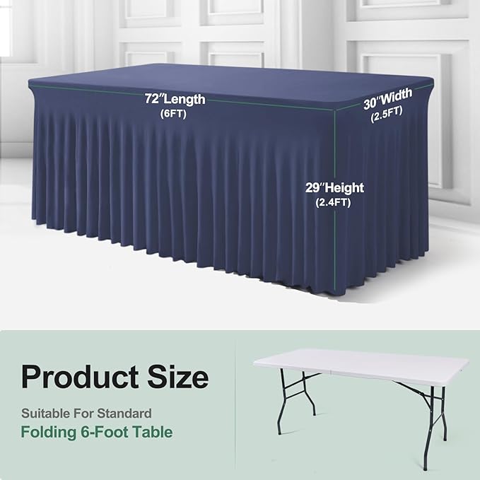 Table Skirts for Rectangle Tables 6ft - 2 Pack One-Piece Navy Blue Tablecloths and Skirt, Wrinkle Resistant Ruffles Elastic Cover for Banquets, Weddings, Events, Parties