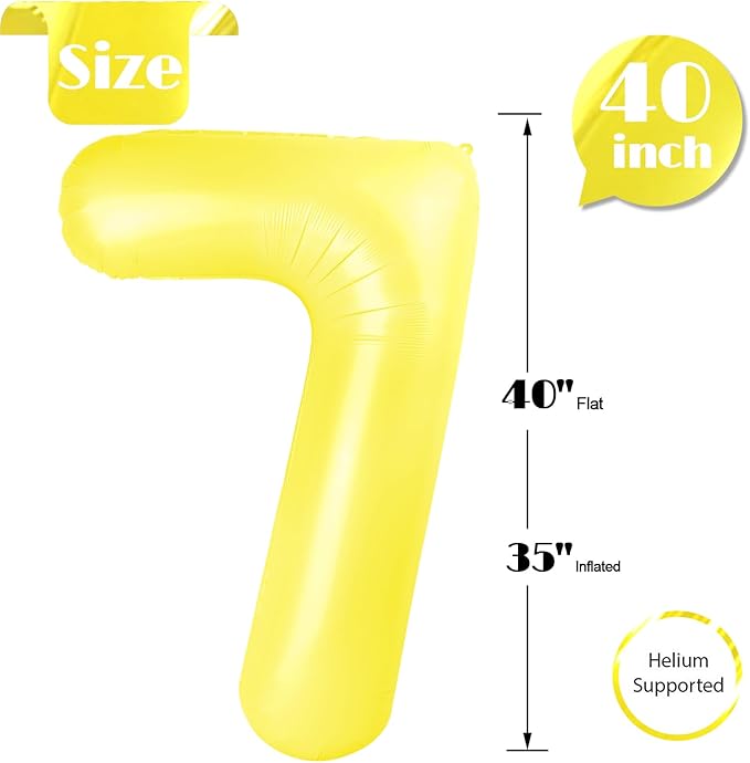 Yellow Number 7 Balloon 40 Inch, 7 Balloon Number, 7th Birthday Decorations, Yellow Party Supplies for Boys Girls