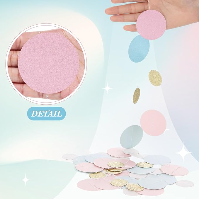 Outus 5 Pieces Pink,Blue,Gold,White Round Dots Garland Easter Graduation Party Hanging Decor Each Length 13.1ft Glitter Paper Dot Streamers for Birthday Wedding Classroom