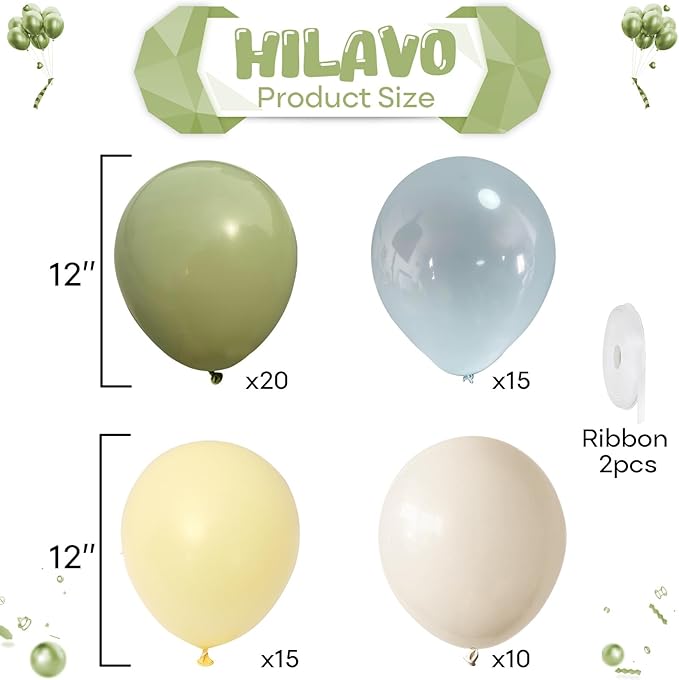 Sage Green Dusty Blue Yellow Balloons Set, 60Pcs 12 Inch Olive Green Macaron Yellow Slate Blue White Sand Cream Latex Balloons for Birthday Wedding Baby Shower Wild One Party Deocrations Supplies