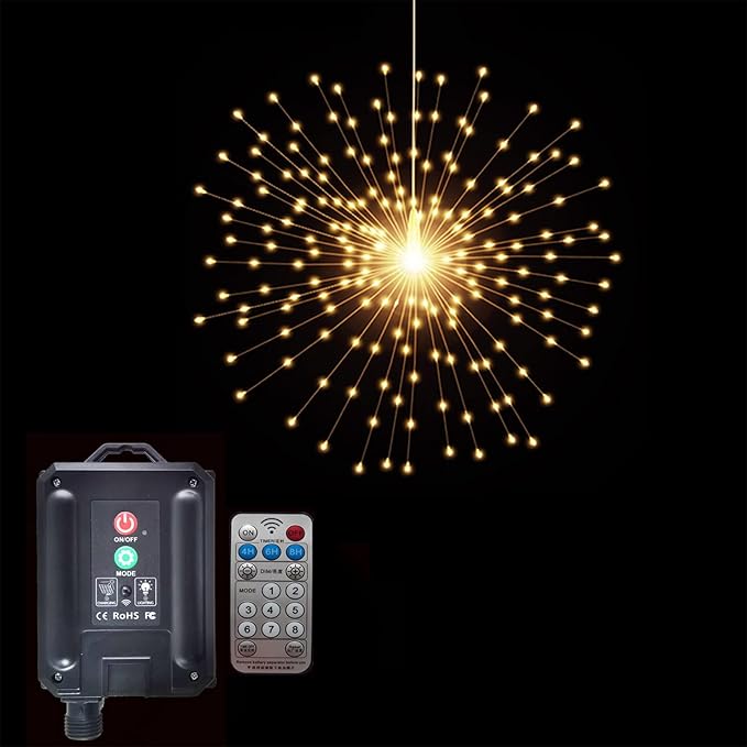1 Pack Starburst Sphere Lights with Remote Control,200 LED Firework Light, 8 Modes Dimmable Waterproof Hanging Fairy Light, Copper Wire Lights for Patio Parties Christmas (Solar Powered)