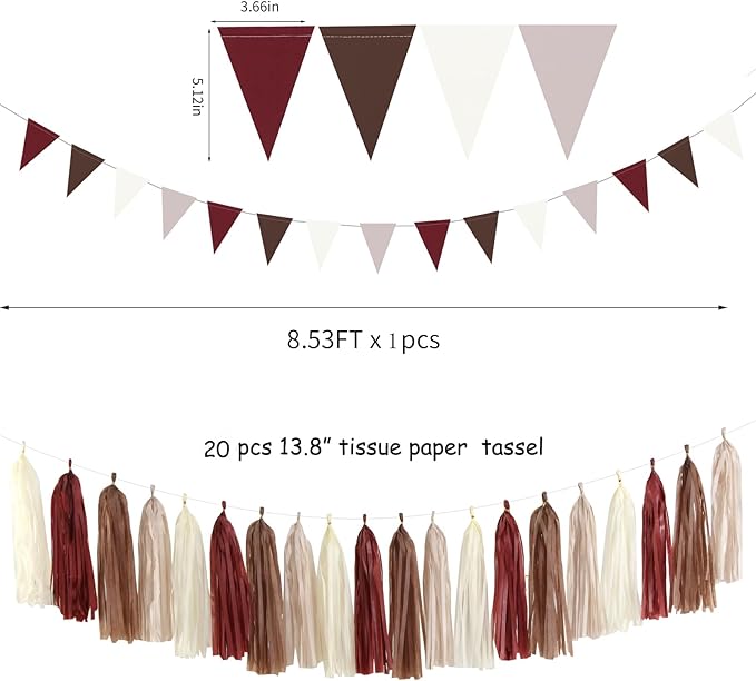 Brown Burgundy Champagne-Gold Party-Decorations - 30pcs Rustic Boho Wedding Tissue Pom-Poms Streamers ,Fall Autumn Tassel Garland Banner,Birthday Baby Bridal Shower Engagement Decor Lasting Surprise