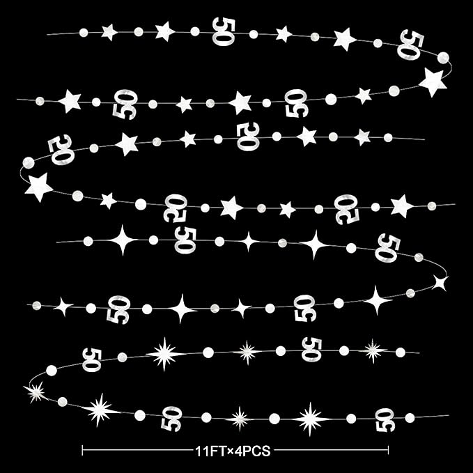 Silver 50th Birthday Decorations Number 50 Circle Dot Twinkle Star Garland Metallic Hanging Streamer Bunting Banner Backdrop for 50 Year Old Birthday Happy 50th Anniversary Fiftieth Party Supplies