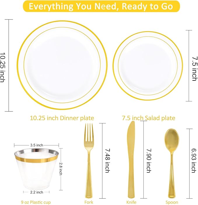 WELLIFE 350-Piece Gold Disposable Plates and Cutlery Set - Premium 10.25" Dinner Plates, 7.5" Dessert Plates, 9oz Cups & Cutlery for Weddings, Catering Events - 50 Guest Service - Elegant & Sturdy