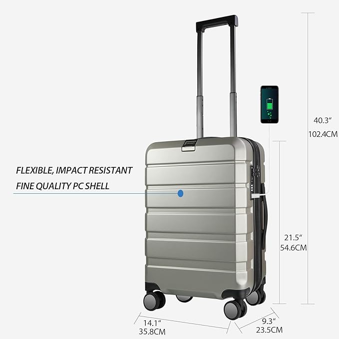 KROSER Hardside Expandable Carry On Luggage with Spinner Wheels & Built-in TSA Lock, Durable Suitcase Rolling Luggage with USB Port, Carry-On 20-Inch Champagne