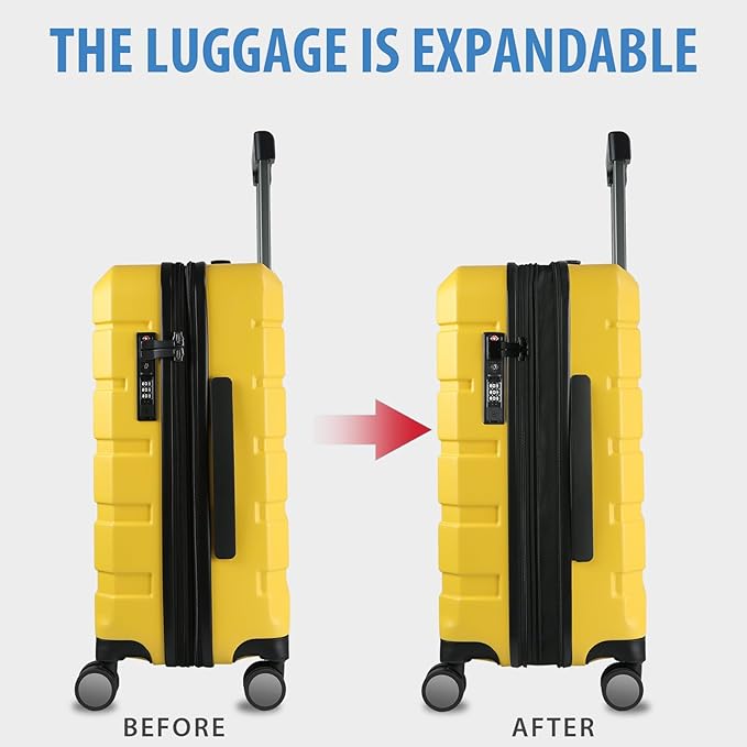 KROSER Hardside Expandable Carry On Luggage with Spinner Wheels & Built-in TSA Lock, Durable Suitcase Rolling Luggage with USB Port, Carry-On 20-Inch Yellow
