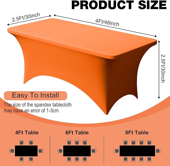 Trlyc 1 Pack 4FT Spandex Table Cloth - 48 x 30 Inch Rectangular Stretch Tablecloth, Wrinkle Resistant Scretch Table Cover for Wedding, Party, Banquet, Picnic, Outdoor Decoration (1Pcs,Orange)