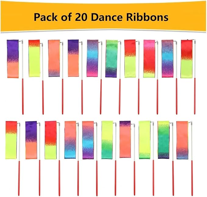 20 Pack Ribbon Dancing Wands Party Favors for Kids, Rainbow Birthday Decorations, Princess Party Supplies, Girls Party Games, Gymnastics Goody Bag Stuffers (Rainbow)