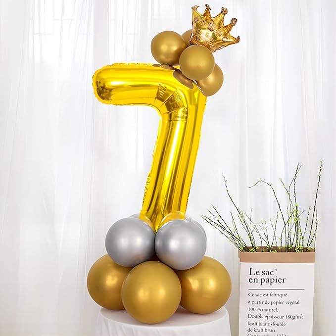 32 In Gold Large Numbers Balloons 0-9, Self Inflating Number 7 Balloons for Boys Girls, Big Gold Digit 7 Balloons for Women Men Birthday Party Anniversary Wedding Supplies Decorations