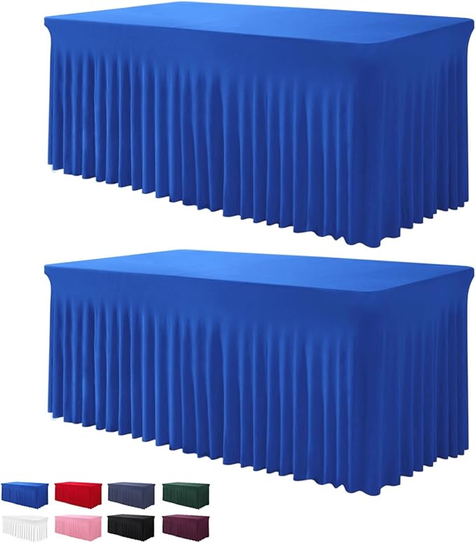 Table Skirts for Rectangle Tables 8ft - 2 Pack One-Piece Royal Blue Tablecloths and Skirt, Wrinkle Resistant Ruffles Elastic Cover for Banquets, Weddings, Events, Parties