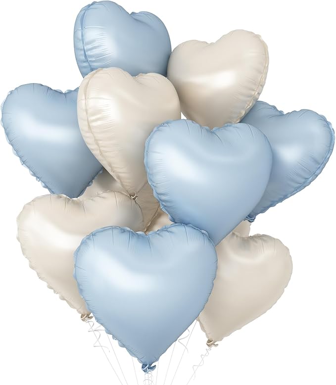 Baby Blue Heart Balloons,10Pcs Cream White Blue Foil Heart Shaped Balloons,18Inch Sand White Pastel Blue Helium Balloon for Valentines,Engagement,Birthday,Baby Shower,Wedding Party Decorations