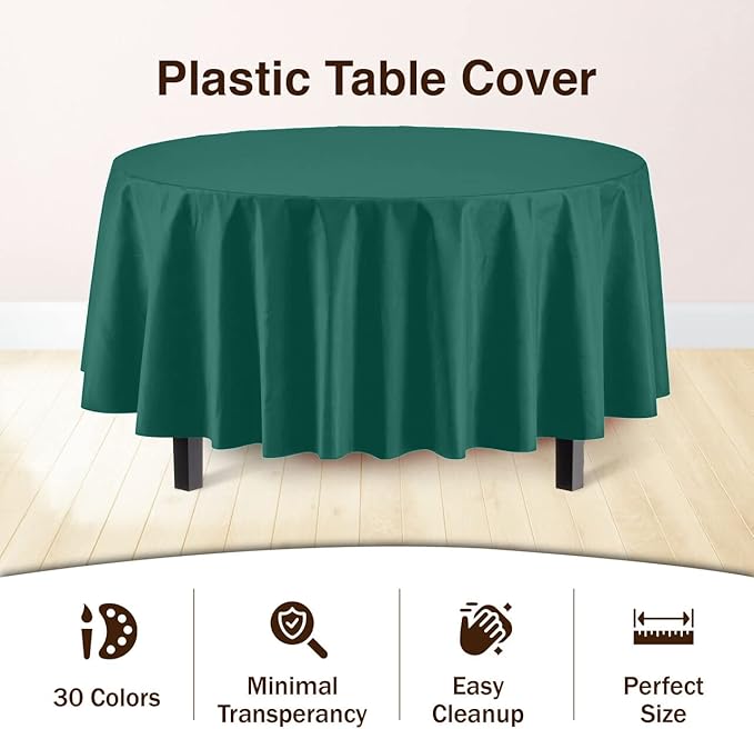 Exquisite Party Solids 6-Pack Premium Plastic Tablecloth 84in. Round Plastic Table Cover - Dark Green