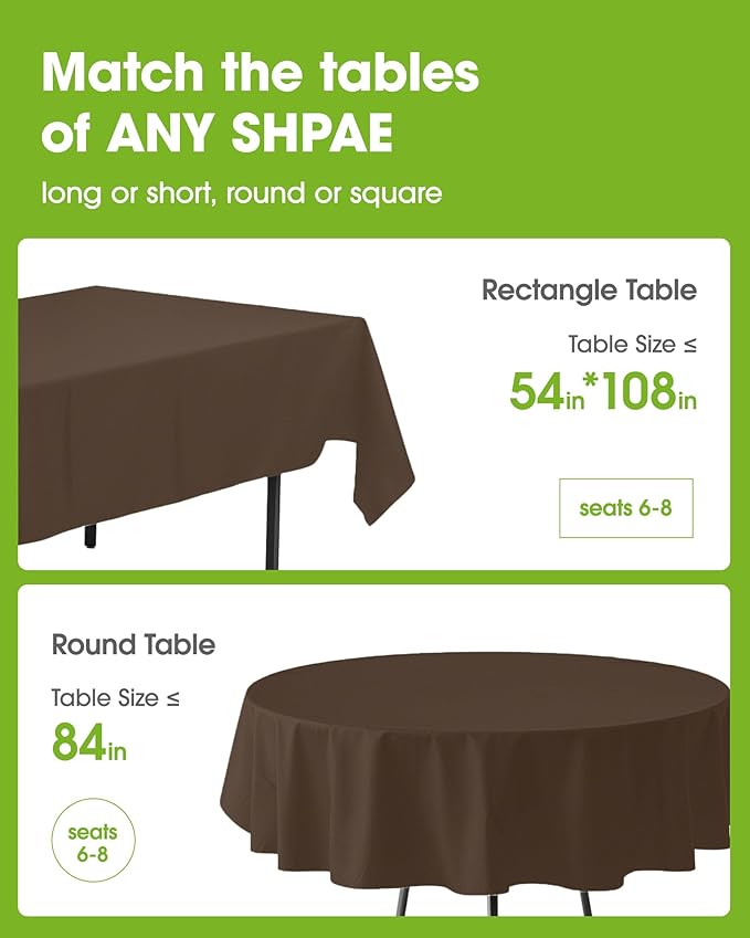 Pureegg Plastic Table Cloth Disposable 10 Pack, 54 x 108 Inch Table Cloths, Party, Thanksgiving Decorations, Harvest, Fall Tablecloths, Rectangle, Plastic Cover, Leakproof & Sturdy, Brown