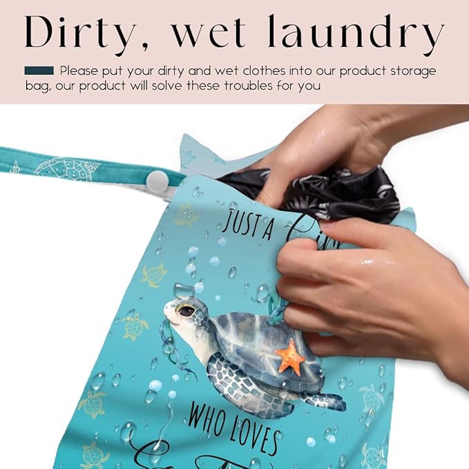 Waterproof Wet Bag for Swimsuit, Travel Beach Wet Dry Bag, Hidden Zipper Reusable Baby turtle Wet Bags, for Travel Beach Wet Swimsuits Toiletries Diapers Dirty Gym Clothes Laundry Bag