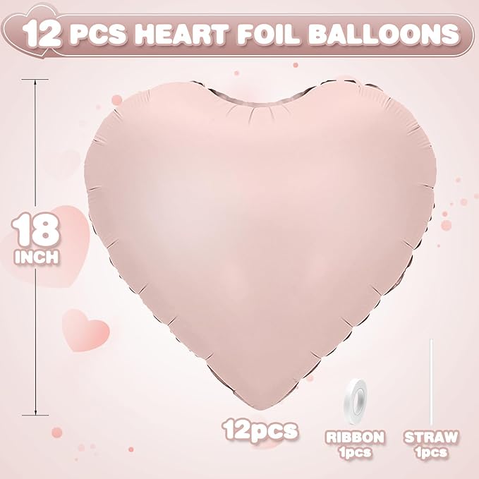 Baby Pink Heart Balloons,12Pcs Pink Heart Shaped Foil Balloons,18Inch Pastel Pink Helium Polyester Film Balloon for Baby Shower Birthday Anniversary Wedding Party Decorations