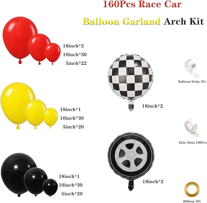 Race Car Balloon Garland Arch Kit, 160Pcs Red Yellow Black Latex Balloons Wheel Checkered Foil Balloons for Racing Car Two Fast 2nd Birthday Party Decorations