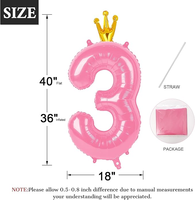 Pink 40 Inch Number Balloon (3) with Crown for Baby Shower, Big Size Foil Helium Balloon for Birthday Party, Wedding, Anniversary
