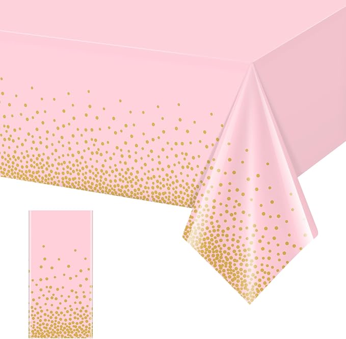 1 Pack Pink and Gold Plastic Tablecloth for Parties, Pink Disposable Table Cloth for Rectangle Tables, Gold Stamping Dot Confetti Light Pink Tablecloth for Birthday Wedding Baby Shower Party, 54x108"