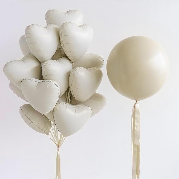 Cream White Heart Balloons,12Pcs Sand White Heart Shaped Foil Balloons,18Inch Beige Helium Polyester Film Balloon for Baby Shower Birthday Anniversary Wedding Party Decorations