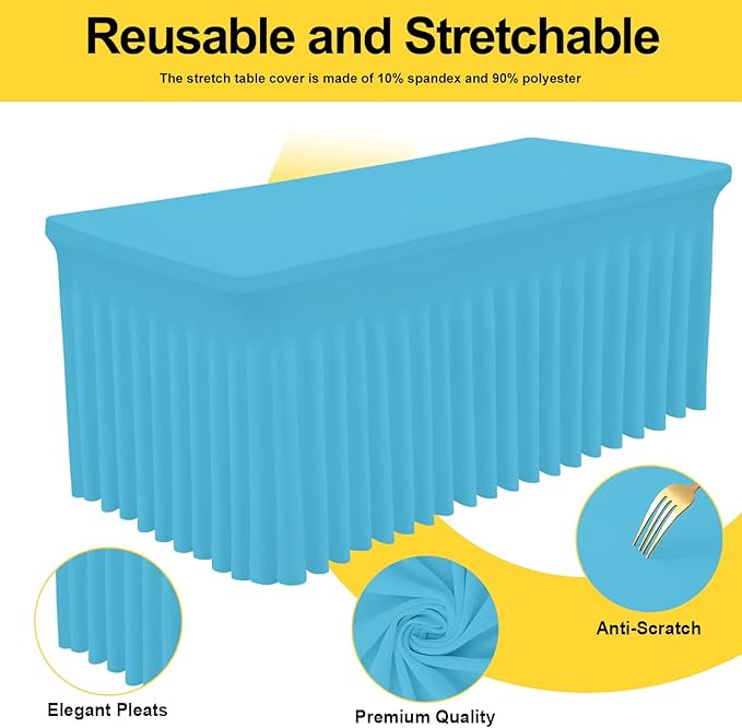 Smiry Spandex Tablecloth, Elastic Fitted Stretch Tablecloth for 8FT Rectangle Tables, Waterproof Washable Table Cover Skirt for Outdoor, Wedding, Banquet & Parties (Blue Mist, 96Lx30Wx30H Inch)
