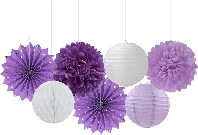 Purple-White Lavender Party Decorations Streamers - 14pcs Women Girl Birthday Paper Lanterns Fan,Tissue Pom Poms,Baby Bridal Shower Wedding Engagement Bachelorette Graduation Decor Lasting Surprise