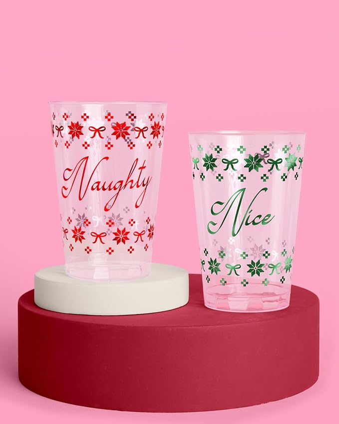 xo, Fetti Naughty + Nice Plastic Cups | 30 pcs 12 oz | Red Christmas Drinkware, Green Xmas Decorations, Clear Holiday Party Drinks, Friedsmas