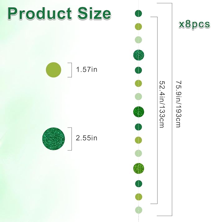 8 Pack Green Glitter Dot Garland, Hanging Circle Streamers Banner, Backdrop Hanging Decorations for Easter, St. Patrick’s Day, Spring Celebrations, Birthday Parties, Baby Showers, Weddings and More