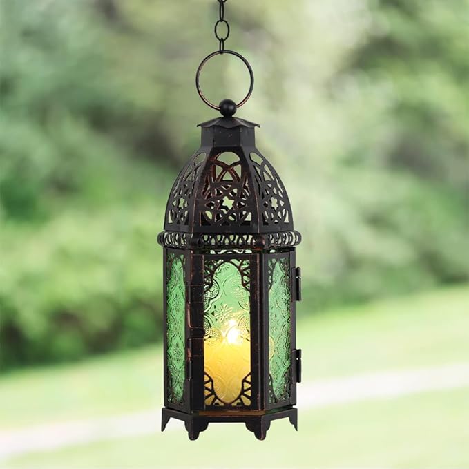 NEEDOMO Hanging Moroccan Lantern, 11'' Vintage Candle Holder, Metal Lanterns Decorative Indoor Outdoor, Table, Patio, Porch, Shelf, Gothic Home Decor (Green, Medium Size)