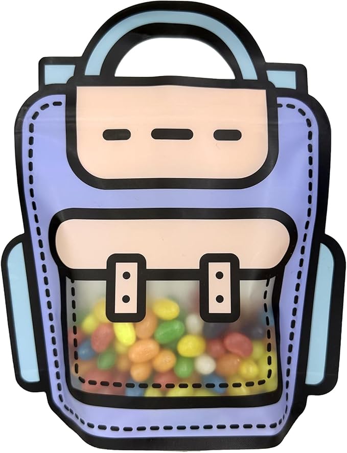 PABCK 20 Pack Plastic Gift Bags Cartoon Goodie Bags 9.45x11.02 inch Backpack-shaped Candy Snack Packaging Bag with Handle Resealable Treats Birthday Party Favor Stand Up (10 Purple and 10 Orange)