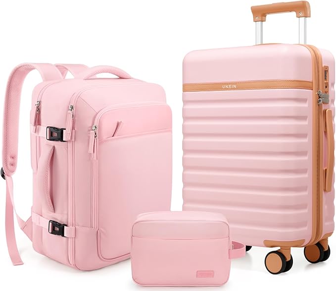 UKEIN Luggage Sets 3 Piece, Carry On Luggage 20In With Spinner Wheels,PC Hardside Suitcase Set with TSA Lock,Durable Carry On Suitcase With Travel Backpack for Men (Pink, 3 piece set (20inch))
