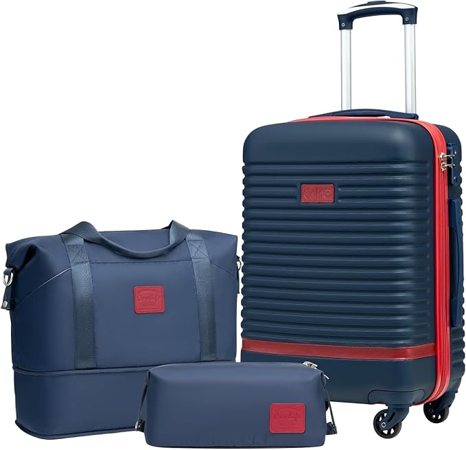 Coolife Suitcase Set 3 Piece Luggage Set Carry On Travel Luggage TSA Lock Spinner Wheels Hardshell Lightweight Luggage Set(Navy+Red, 3 piece set (DB/TB/20))