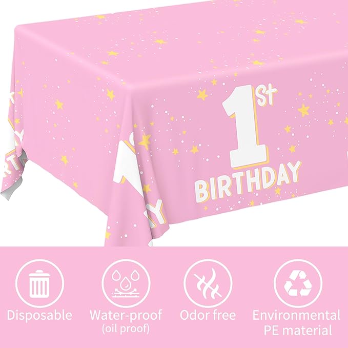 Gatherfun Baby Girl Party Supplies Set: 1st Birthday Decorations, Includes 2-Pack Baby Girl-Themed Tablecloths for First Birthday Decorations, Disposable Table Covers 54 x 108 Inch