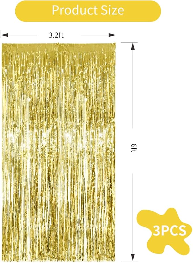3Pcs Gold Metallic Tinsel Foil Fringe Curtains,3.28ft x 6.56ft Gold Photo Booth Backdrop Streamer Curtain,Photo Booth Props,Ideal Bachelorette Party Supplies, Birthday, Christmas,New Year Decorations