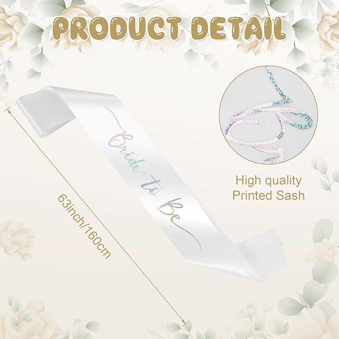 Iridescent Bride to Be Sash & White Embroidery Veil for Bachelorette Party, 2Pcs Bridal Veil and Sash Set for Women, Bach Party Favors Accessories for Wedding Bridal Showers Engagement Party Supplies