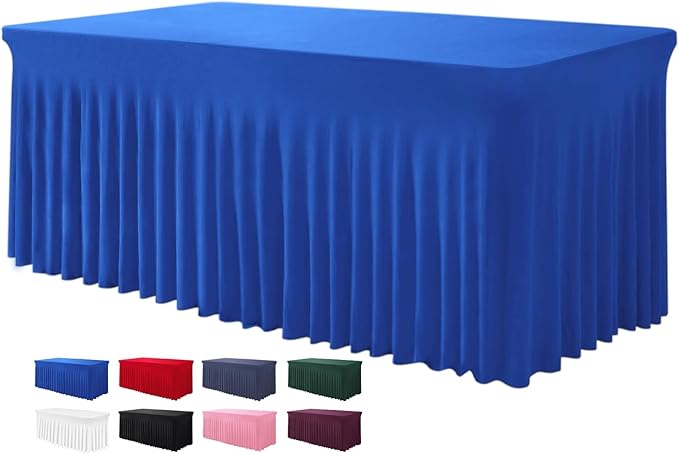 Table Skirts for Rectangle Tables 6ft - One-Piece Royal Blue Tablecloths and Skirt, Wrinkle Resistant Ruffles Elastic Cover for Banquets, Weddings, Events, Parties