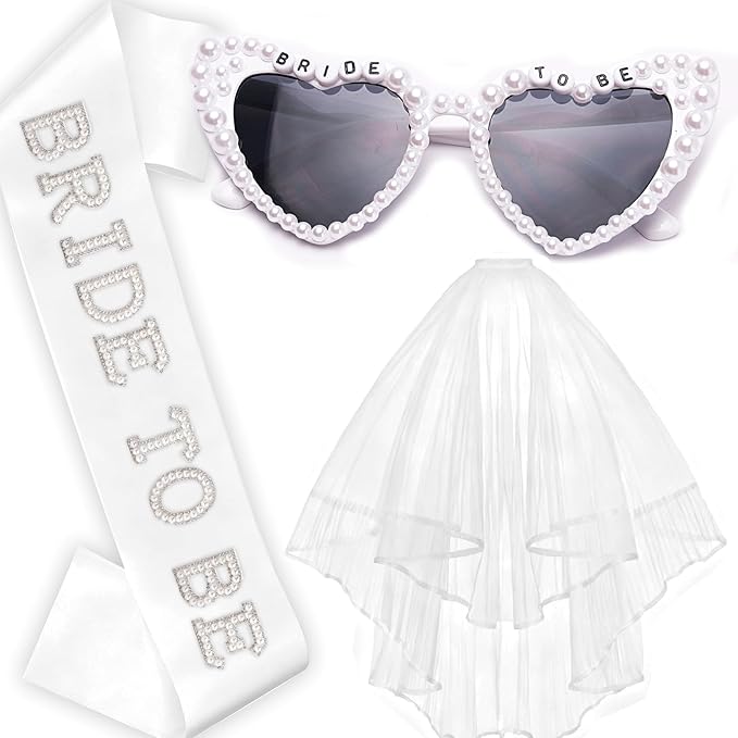 Bachelorette Party Bride to Be Decorations - 3 PCS | Pearl Sash, White Heart Sunglasses, Veil | Bridal Shower Favors, Wedding, Engagement