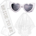 Bachelorette Party Bride to Be Decorations - 3 PCS | Pearl Sash, White Heart Sunglasses, Veil | Bridal Shower Favors, Wedding, Engagement